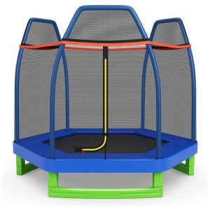 Trampolim DIÁRIO para crianças trampolins recreativos de 7 pés trampolim com compartimento de segurança de rede mini trampolim interno externo trampolim infantil para meninos meninas de 3 anos azul verde