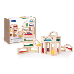 Blocos sensoriais Guidecraft Sensory Rainbow Blocks com 18 peças em madeira com água areia e miçangas coloridas