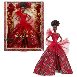 Boneca Barbie Signature Holiday 2024 com vestido xadrez e cabelo castanho preso em coque