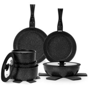 Jogo de Panelas e Frigideiras Antiaderentes em Granito com 17 Peças e Cabo Removível SODAY Preto