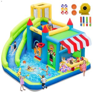Casa de Pulos Inflável FBSPORT com Escorregador Aquático Diversão Garantida para Crianças com Mercadinho e Piscina de Splash Parede de Escalada Canhão - 35m de altura