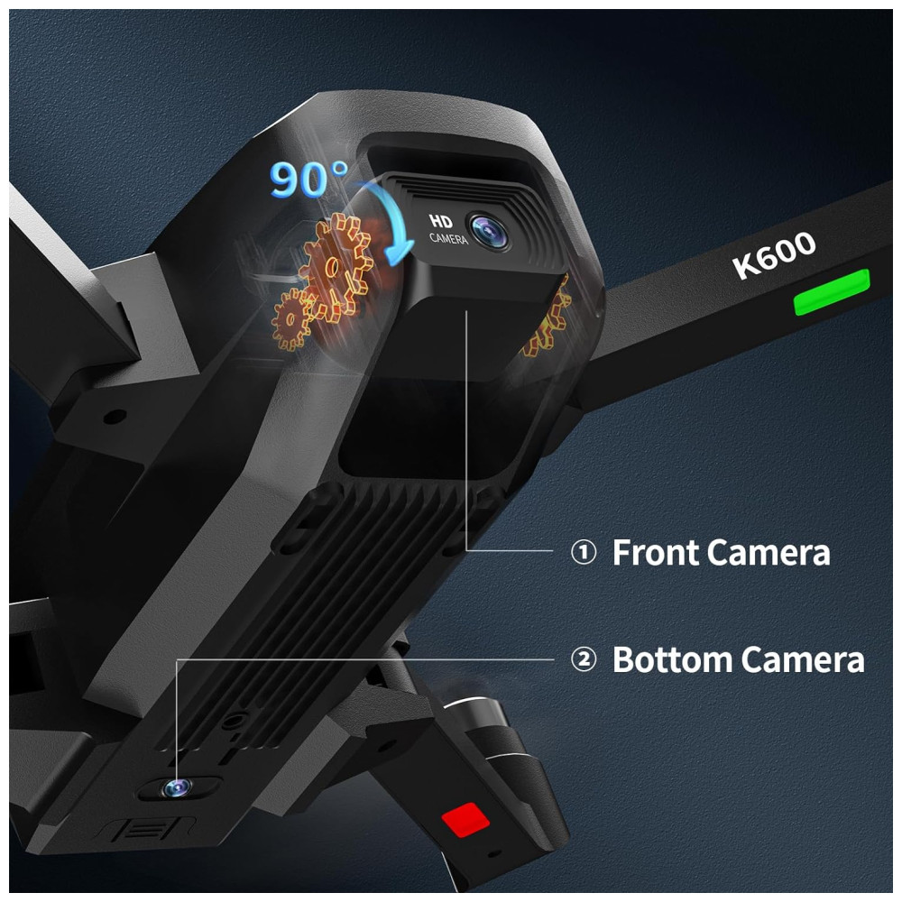 Drone K600 com 2 Câmeras 1080P para Crianças e Adultos Lente Ajustável 90° Retenção Automática VR FPV e Bateria 1800mAh Karuisrc Preto - Imagem 3