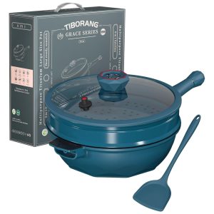 Panela Funda Antiaderente com Indicador de Calor Tampa de Vidro Grelha a Vapor Livre de PFOASegura para Lava-louças e FornoTIBORANG Azul Escuro