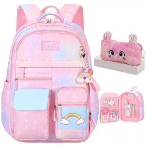 Mochila escolar infantil kistou arco-íris com estojo de pelúcia oxford impermeável grande capacidade rosa e roxa