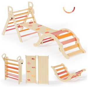 Conjunto BlueWood Pikler Triangle: Brinquedo de Escalada de Madeira para Crianças Montessori Play Gym com Arco Rampa e Escada - Autêntica Diversão d