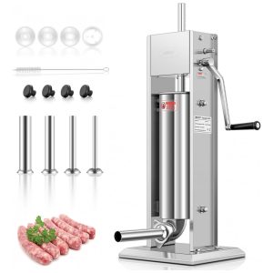 Enchedor de Linguiça de Aço Inoxidável 15Lb7L LEEVOT Ajustável 2 Velocidades 4 Tubos de Enchimento Prateado