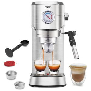 Máquina de Espresso 20 Bar Frother Automático Controle NTC Pré-Infusão Gevi Inox Prata 110V