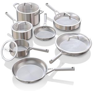 Jogo de Panelas em Aço Inoxidável 12 Peças Compatíveis com Todos os Fogões e Fornos até 315 Graus Ninja EverClad C99012