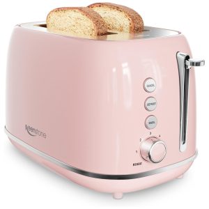 Torradeira Elétrica Retrô 2 Fatias em Aço Inoxidável com 6 Níveis de Tostagem e Bandeja de Migalhas Removível 800W Keenstone Rosa