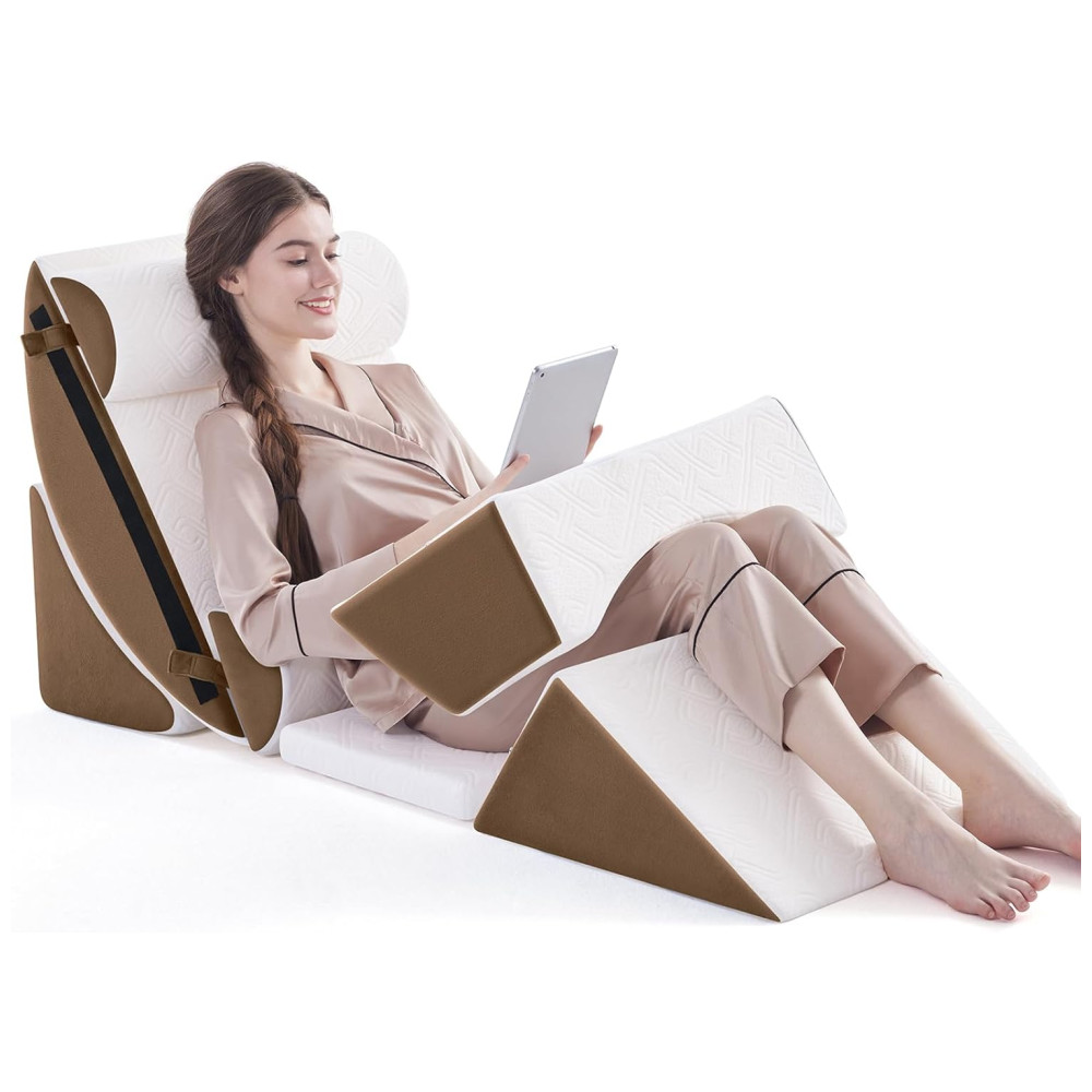 Conjunto de 7 Peças de Travesseiros Ortopédicos em Cunha para Cama Alívio de Dor e Refluxo Apoio Ajustável para Costas Negwoo Marrom