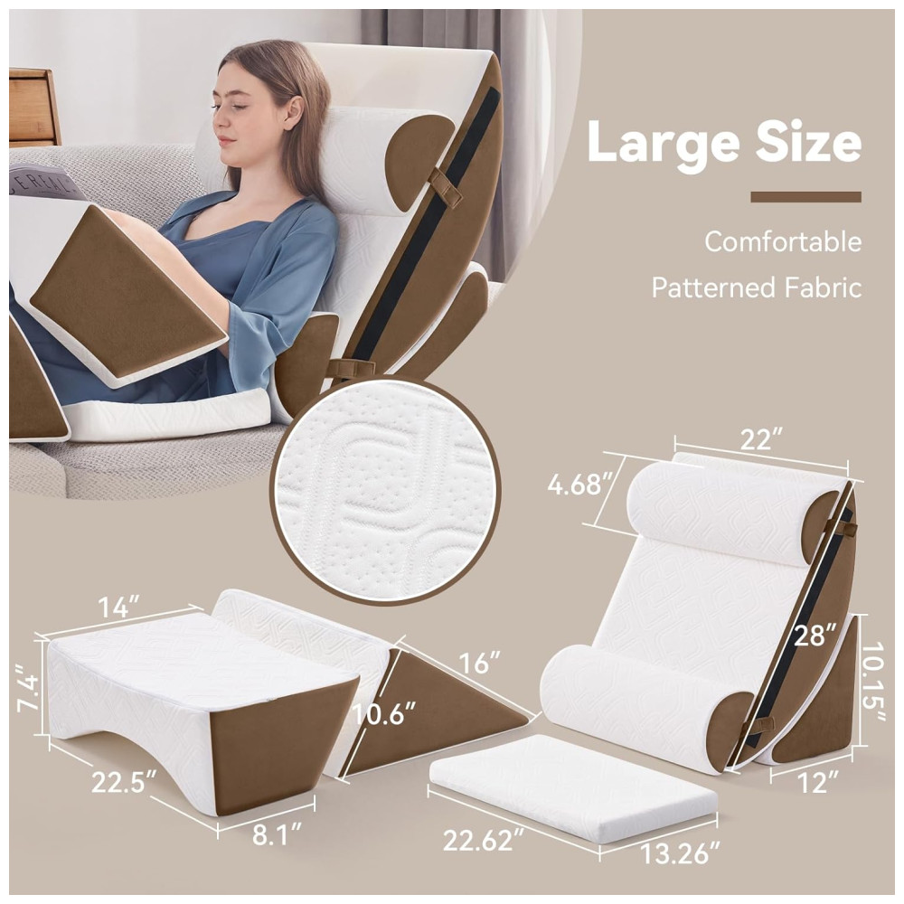 Conjunto de 7 Peças de Travesseiros Ortopédicos em Cunha para Cama Alívio de Dor e Refluxo Apoio Ajustável para Costas Negwoo Marrom - Imagem 2