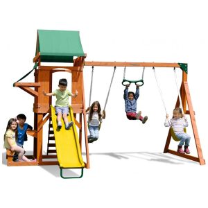 Conjunto de Balanços de Madeira Sportspower Roseville Verde/Amarelo 6 Estações com Escorregador 183 m Capacidade 363 kg