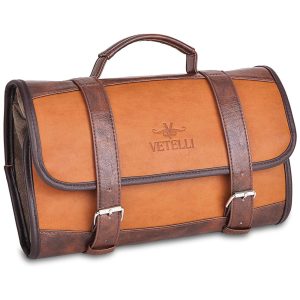 Necessaire Masculina Vintage de Couro Sintético com Forro à Prova d VETELLI V103 Marrom