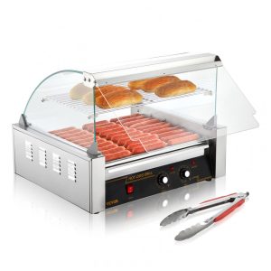 Máquina de Salsicha Profissional em Aço Inoxidável até 30 Unidades com Controle de Temperatura Duplo e Luz LED 1800W 110v VEVOR Hot Dog Machine 11 Rollers w Cover Prateado