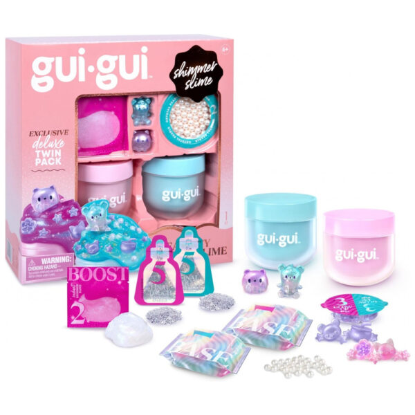 Kit Deluxe Gui Gui com 2 Slimes Iridescentes e Perfumadas, 5 Passos para Personalizar seu Slime GlowUp, Recipiente Lacrável e Reutilizável,