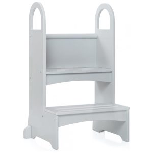 Banqueta Dois Degraus Guidecraft High-Rise Step-Up Cinza Madeira Bétula com Pegadores e Degraus Antiderrapantes