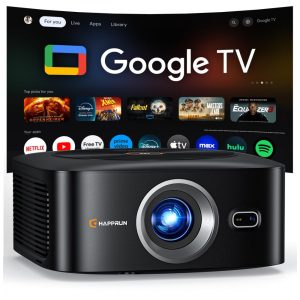 Projetor Smart HAPPRUN Google TV Preto Suporte 4K 1500 ANSI Foco Automático Dolby Audio J7 Pro