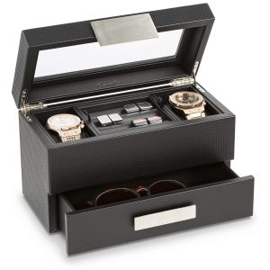 Caixa Estojo de Fibra de Carbono para Relógios com 2 Compartimentos Glenor Co Preto