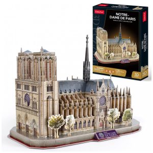 Quebra Cabeças 3D Arquitetura Notre Dame com Led para Crianças e Adultos 128 Peças CUBICFUN DS0986H Branco