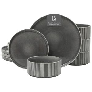 Conjunto de Jantar Gibson Elite Solana Coast 12 Peças em Cerâmica Reativa para 4 Pessoas - Design Moderno com Acabamento em Preto Brilhante
