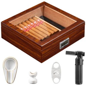 Umidor Flauno com Kit Completo: Luminária Cinzeiro Cortador Higrômetro Digital Umidificador Divisor Revestimento em Cedro - Capacidade para 60 Cigarros