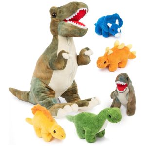 Kit 4 Dinossauros de Pelúcia T Rex com Bolsa Temática de Armazenamento para Crianças Acima de 3 Anos Prextex
