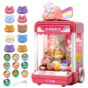 Máquina de Garra Infantil Aiqi Rainbow Rabbit Rosa com Luz e Som Mini Vending Machine Inclui 10 Pelúcias e 10 Brinquedos 32 cm