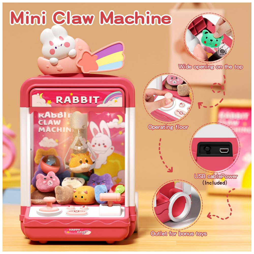 Máquina de Garra Infantil Aiqi Rainbow Rabbit Rosa com Luz e Som, Mini Vending Machine, Inclui 10 Pelúcias e 10 Brinquedos, 32 cm - Imagem 2