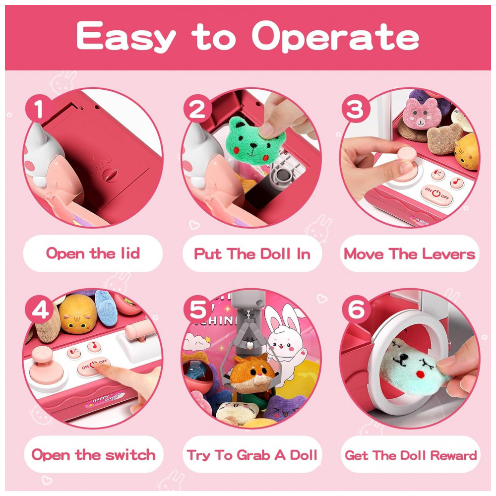 Máquina de Garra Infantil Aiqi Rainbow Rabbit Rosa com Luz e Som, Mini Vending Machine, Inclui 10 Pelúcias e 10 Brinquedos, 32 cm - Imagem 3