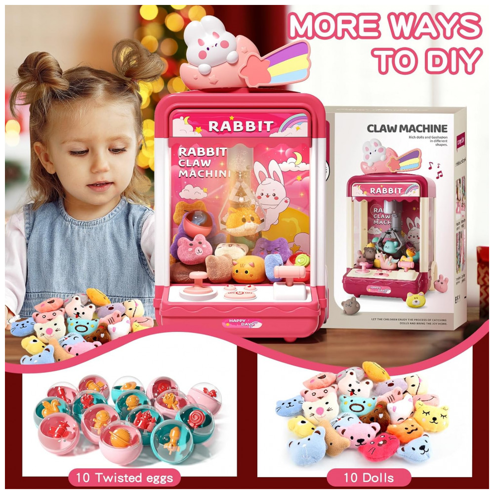 Máquina de Garra Infantil Aiqi Rainbow Rabbit Rosa com Luz e Som, Mini Vending Machine, Inclui 10 Pelúcias e 10 Brinquedos, 32 cm - Imagem 4