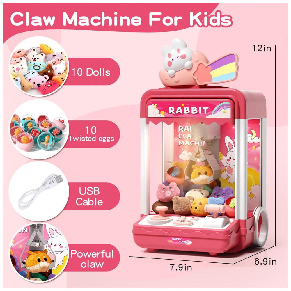 Máquina de Garra Infantil Aiqi Rainbow Rabbit Rosa com Luz e Som, Mini Vending Machine, Inclui 10 Pelúcias e 10 Brinquedos, 32 cm - Imagem 6