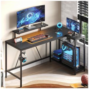 Mesa Gamer de Fibra de Carbono 58" 147 cm com Luz LED Tomadas Prateleiras Gancho para Fone de Ouvido e Portas USB 110V Bestier Preto