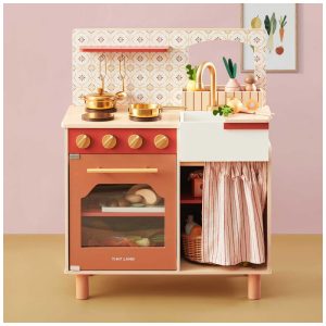 Cozinha Infantil Estilo Fazenda em Madeira com Alimentos Cortados e Acessórios de Cozinha Tiny Land Marrom