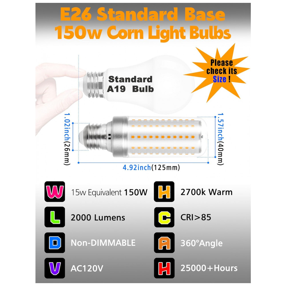 Lâmpadas de Milho LED E26 15W Equivalentes a 150W, Branco Quente 2700K, 2000LM para Lustres e Ventiladores de Teto - Xyanmc - Imagem 5