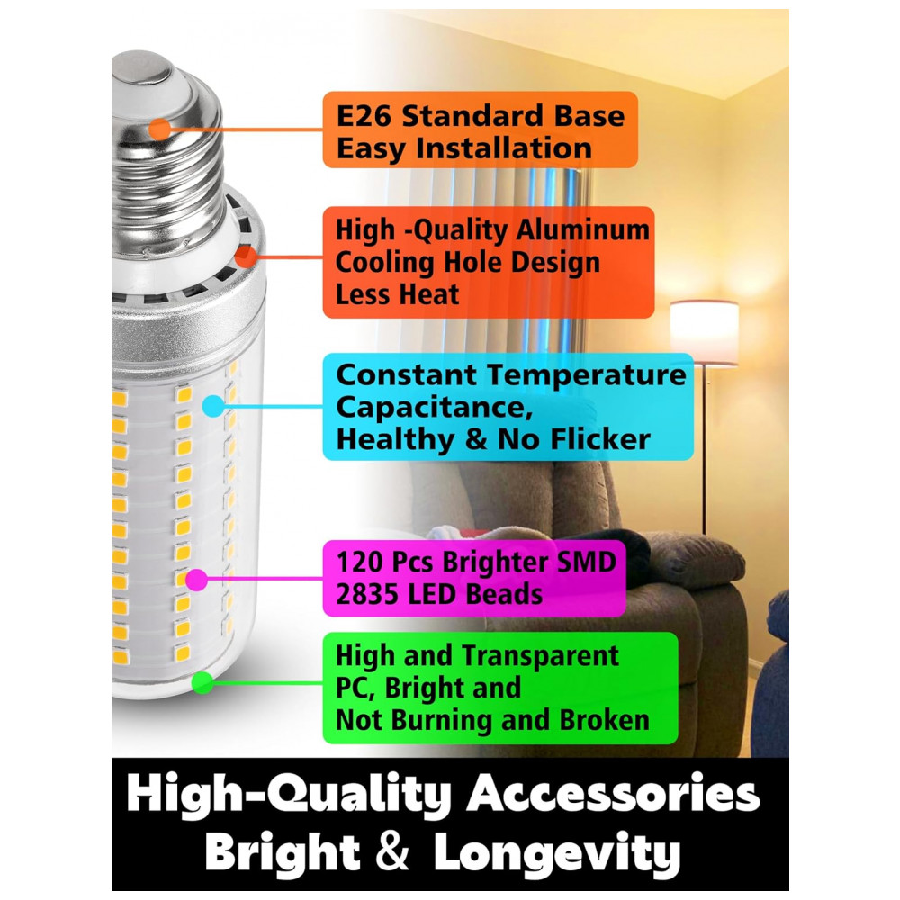 Lâmpadas de Milho LED E26 15W Equivalentes a 150W, Branco Quente 2700K, 2000LM para Lustres e Ventiladores de Teto - Xyanmc - Imagem 6