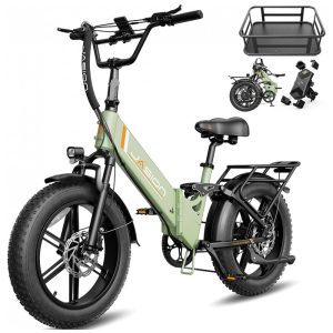 Bicicleta elétrica dobrável Jasion X-Hunter ST verde com cesto traseiro pneus 20x4 motor 750W pico 1400W bateria 48V 13Ah 70 km 110V