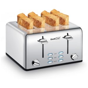 Torradeira Geek Chef Stainless Steel 4 Fatias com Slots Extra Largos para Bagels Bandeja Removível Funções de Cancelar Descongelar e Reaquecer
