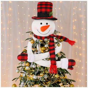 Topo de Árvore de Natal Boneco de Neve Juegoal Grande Abraço de Boneco de Neve de Pelúcia com Chapéu de Aba Xadrez Vermelho e Preto