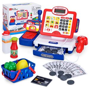 Caixa Registradora FS com Scanner Dinheiro de Brinquedo Cartão e Cesta para Crianças 3-7 Anos