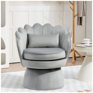 Cadeira giratória 360° ZJhome cinza em veludo concha com encosto contínuo e almofada lombar para sala e escritório