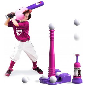Kit Beisebol com Arremessador Automático e 6 Bolas para Crianças de 3 a 8 Anos QDRAGON Rosa