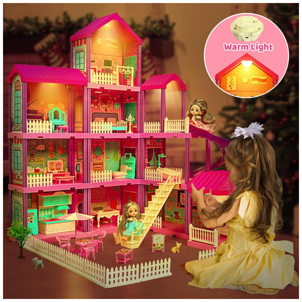 Doll House Casa de Bonecas de Madeira com 2 Princesas 4 Andares 11 Quartos e Luzes para Crianças a partir de 4 anos BEEFUNNI Rosa - Imagem 2