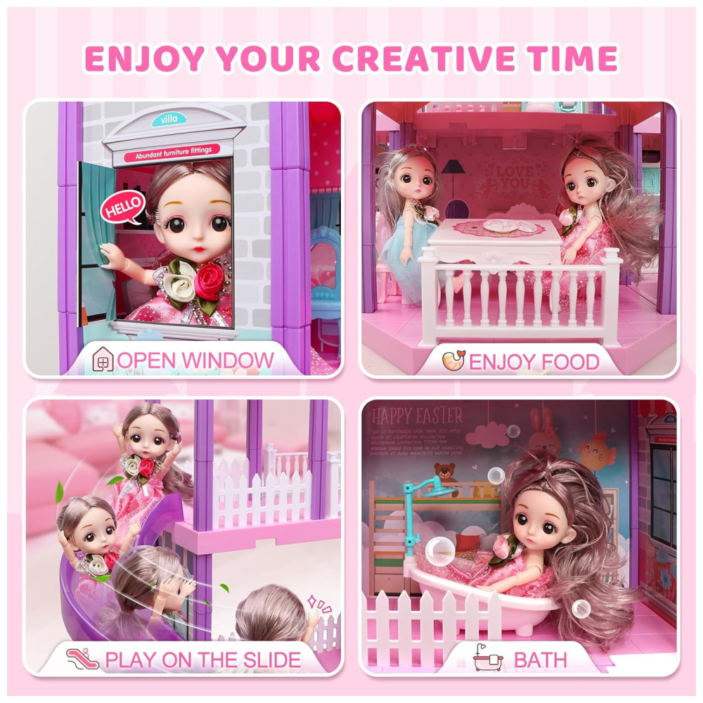 Doll House Casa de Bonecas de Madeira com 2 Princesas 4 Andares 11 Quartos e Luzes para Crianças a partir de 4 anos BEEFUNNI Rosa - Imagem 4