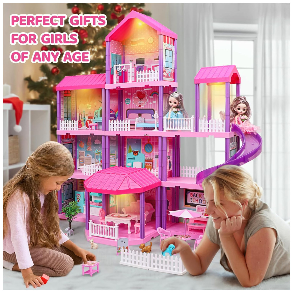 Doll House Casa de Bonecas de Madeira com 2 Princesas 4 Andares 11 Quartos e Luzes para Crianças a partir de 4 anos BEEFUNNI Rosa - Imagem 5