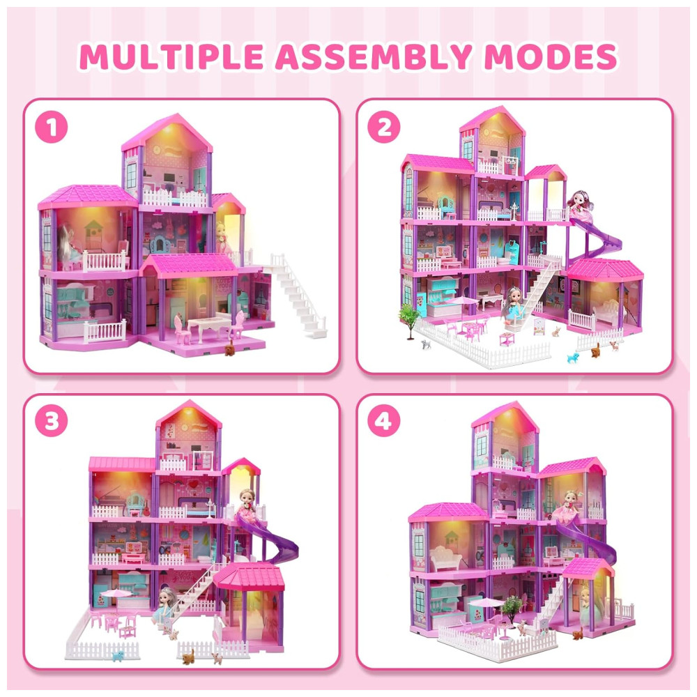 Doll House Casa de Bonecas de Madeira com 2 Princesas 4 Andares 11 Quartos e Luzes para Crianças a partir de 4 anos BEEFUNNI Rosa - Imagem 6