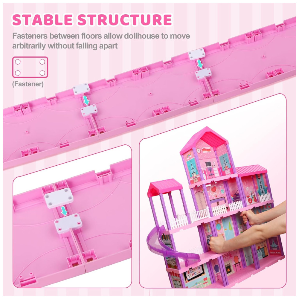 Doll House Casa de Bonecas de Madeira com 2 Princesas 4 Andares 11 Quartos e Luzes para Crianças a partir de 4 anos BEEFUNNI Rosa - Imagem 7