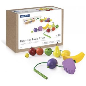Brinquedo de encaixar Guidecraft Count and Lace Fruit em madeira com 24 frutas coloridas e 2 cordões para sequências e contagem