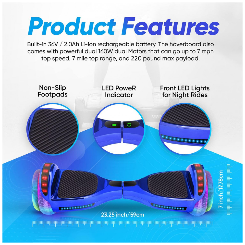 Hoverboard SIMATE Azul 6,5" com Bluetooth, Luzes LED e Certificação UL2272 – Até 13,7 km/h, Autonomia de 12,8 km - Imagem 2