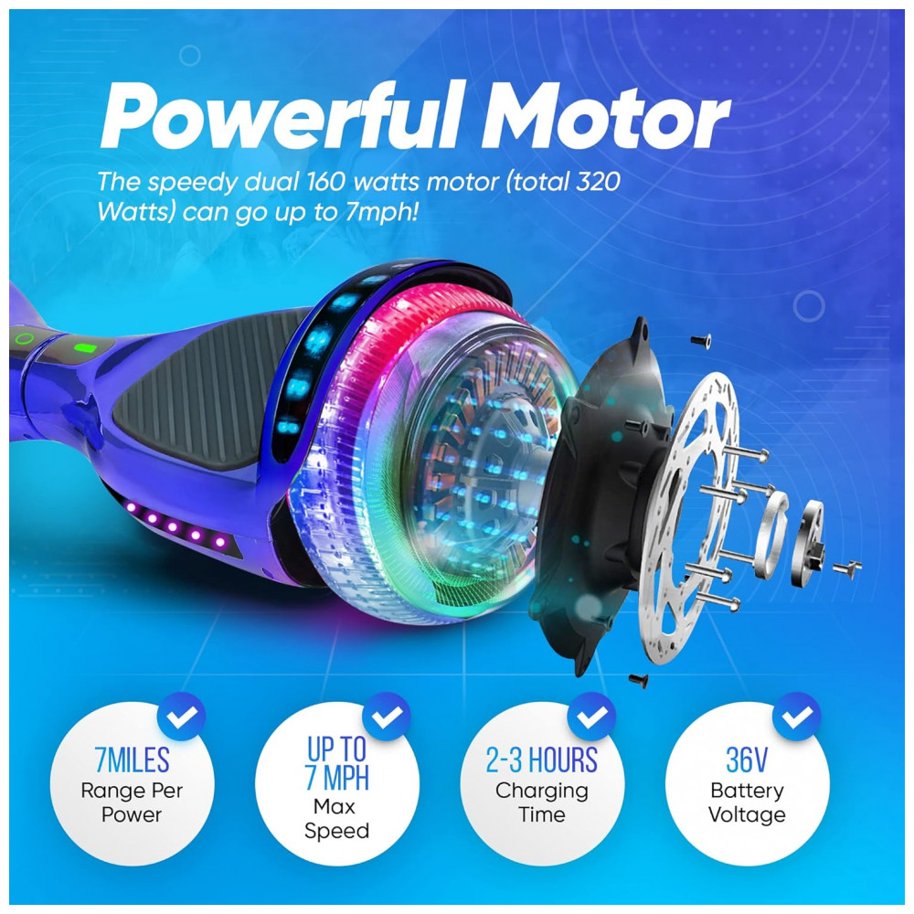 Hoverboard SIMATE Azul 6,5" com Bluetooth, Luzes LED e Certificação UL2272 – Até 13,7 km/h, Autonomia de 12,8 km - Imagem 5