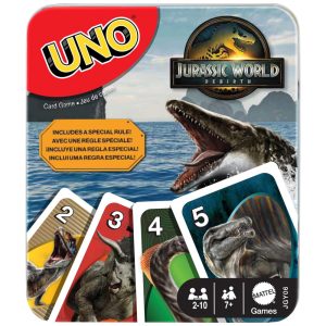 UNO Jurassic World Rebirth Mattel Games jogo de cartas em lata colecionável com regra especial Ataque do T. rex